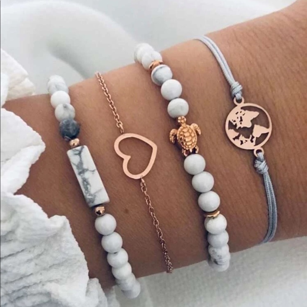 🐢Sea Turtle & Map Charm Grey Marble bracelets set